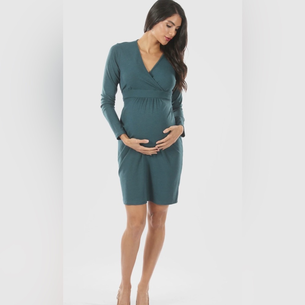 NWT ANGEL MATERNITY TEAL LONG SLEEVE TIE WAIST WRAP DRESS SIZE SMALL